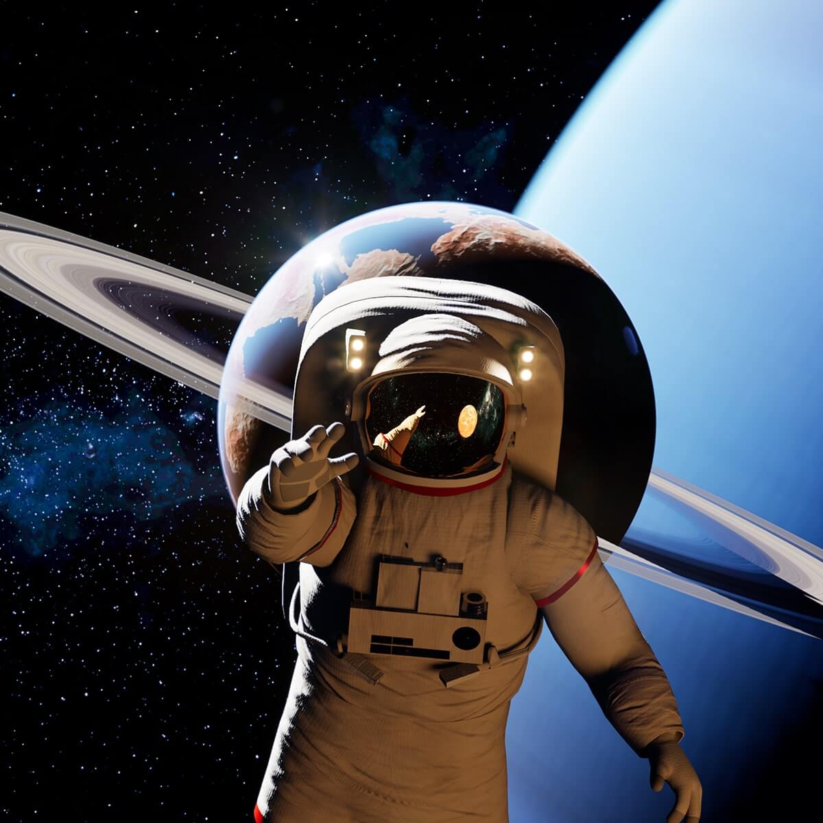 Holographic astronaut floating past a planet