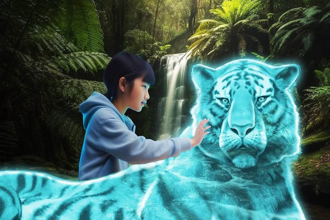 Student reaching out to a holographic tiger in the rainforest