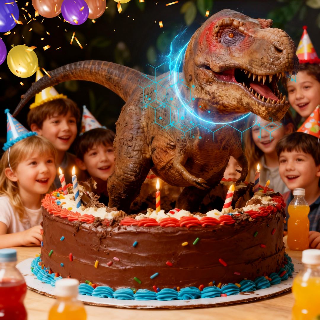 Kids celebrating a birthday with a hologram T-rex and birthday cake